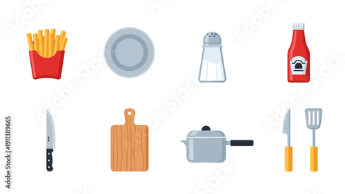 Essential kitchen and cooking items in flat design style for culinary