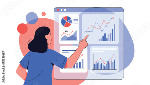 Data analyst points to various colorful pie charts and line graphs displayed on a large website dashboard to explain current market trends.