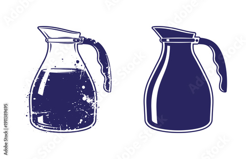 Grunge texture Two dark blue glass jugs one filled with liquid and the other empty side by side on white background Vintage Style