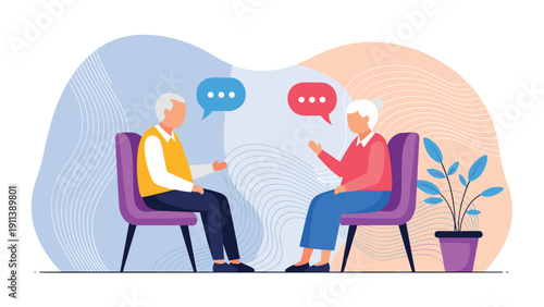 Two senior citizens sit in comfortable purple chairs and engage in a friendly conversation with colorful speech bubbles between them.