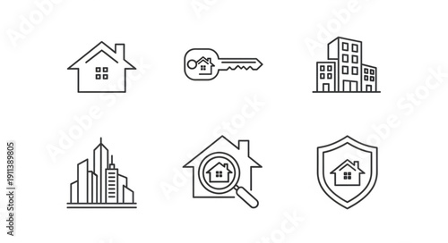 Real Estate Icons Set House Key Building Search Shield.