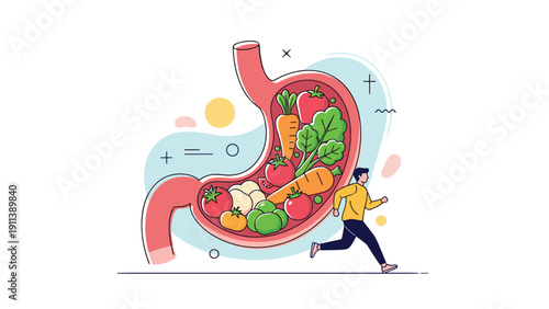 Active man runs alongside a large diagram of a human stomach filled with various fresh healthy vegetables like carrots and broccoli.