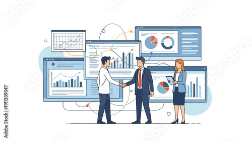 Two businessmen shake hands to finalize a deal in front of several floating computer screens displaying complex financial data charts.