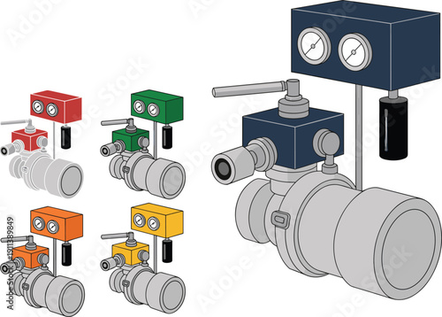 Industrial control valve system illustration with pressure gauges, pipeline flow meter and automation equipment engineering vector set