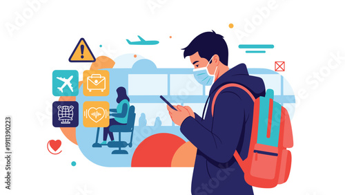Traveler wearing a protective face mask looks at his smartphone at an airport while various travel, health, and warning icons appear.