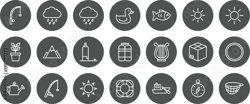 Outdoor adventure and camping line icon set featuring weather fishing hiking survival equipment circular vector collection