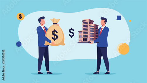 Two businessmen in blue suits perform a real estate transaction by exchanging a large sack of money for a scale model of a modern building.