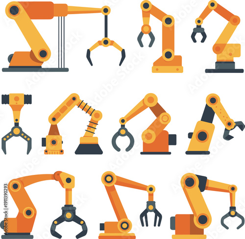 Industrial robotic arm collection illustration featuring automated factory manipulators, mechanical grippers and manufacturing automation equipment vector set
