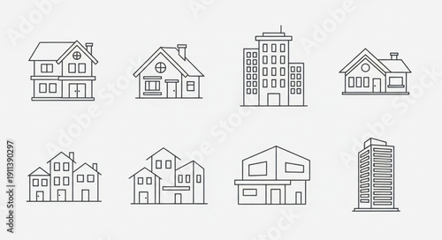 Collection of hand drawn architectural building sketches.