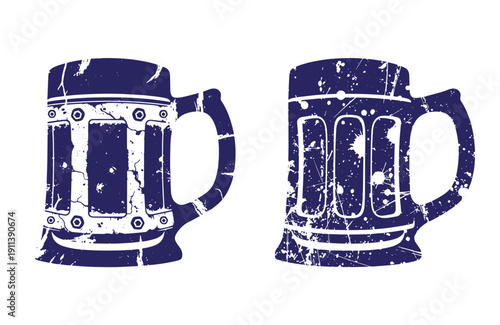 Grunge texture Two grungy beer mugs with handles on white background for Oktoberfest celebrations and drinking concepts Vintage Style
