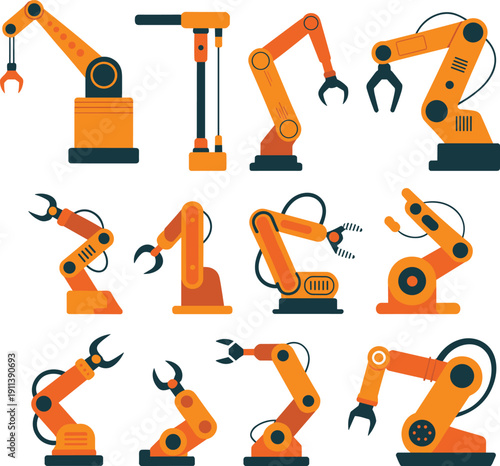 Industrial robotic arm set illustration with automated factory robots, mechanical manipulators and manufacturing automation equipment vector collection