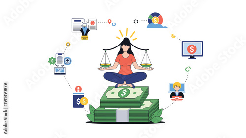 Professional woman finding work-life balance while meditating on a pile of money surrounded by various business and legal icons.