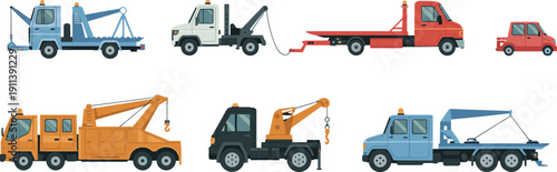 Tow truck collection illustration with flatbed carriers, recovery wreckers and roadside assistance vehicles commercial transport vector set