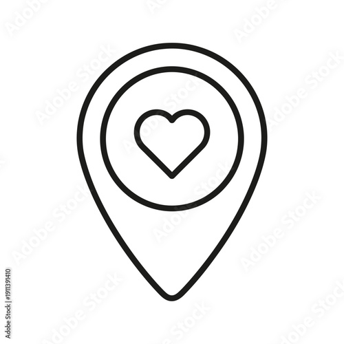 A simple, stylized map marker outline containing a heart shape represents a preferred geographical destination or point of interest.