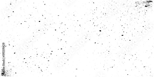 Black dust and speckle grain texture on white background for vintage film effect aged paper effects, or industrial wear and tear in graphic design.