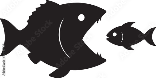 Silhouette of a fish ready to eat another small fish in black and white silhouette vector with transparent background 