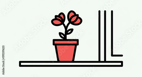 Potted red flowers on a windowsill simple flat vector illustration for home decor and gardening concepts isolated on white