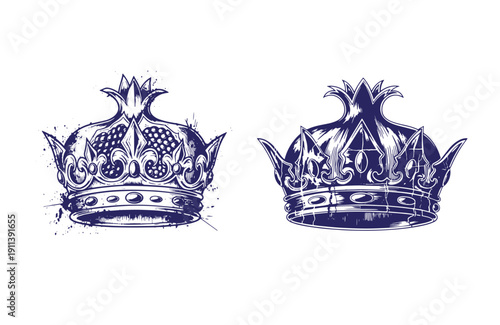 Grunge texture two royal crowns with intricate designs on white background  regal headpieces Vintage Style