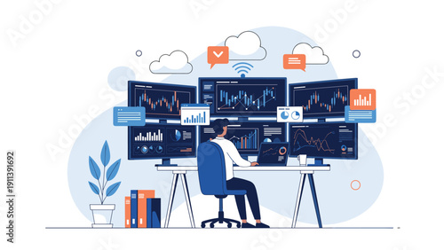 Modern professional working at a multi-screen desk setup with cloud computing integration and office decorations.