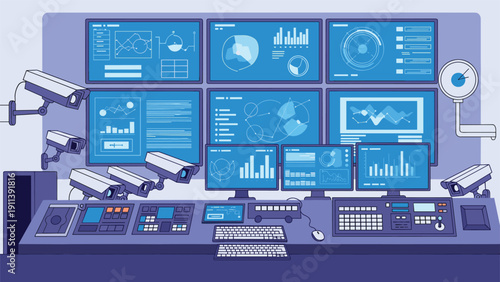 Advanced security control room equipped with multiple surveillance monitors and high-definition CCTV cameras for monitoring.
