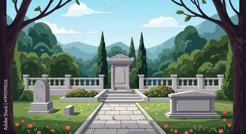 Serene cemetery landscape with tombstones and manicured gardens a peaceful memorial park for remembrance and reflection