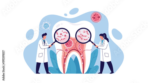 Dental professionals examining a large anatomical tooth model through magnifying glasses to detect bacteria and decay.
