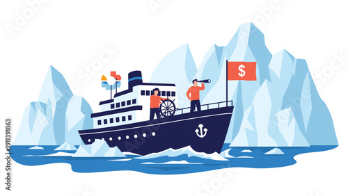 Large blue ship with two crew members navigate through a dangerous field of white icebergs while flying a red flag with a golden dollar sign.