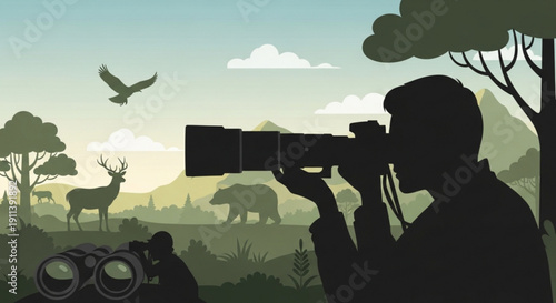 Wildlife photographer capturing nature scene with animals binoculars and camera outdoor adventure concept illustration