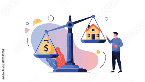 Businessman evaluates the balance between a large bag of money and a house on a justice scale symbolizing mortgage and real estate investment.