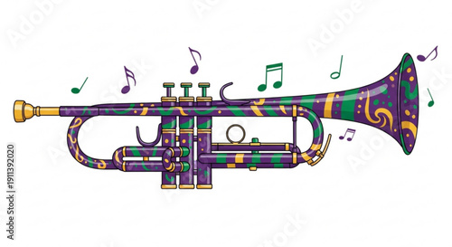 Mardi Gras trumpet with musical notes festive illustration for jazz music and celebration events isolated on white