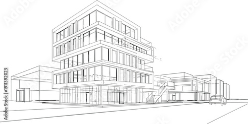 Modern architecture line drawing perspective building sketch contemporary office structure urban design blueprint style vector illustration minimal outline concept