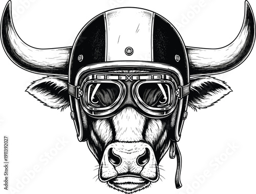 Bull head wearing vintage aviator helmet and goggles animal mascot illustration retro biker style engraving vector detailed monochrome design