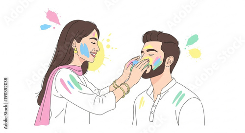 Couple celebrating Holi festival with colored powder joyful moment of tradition and cultural celebration isolated on white background