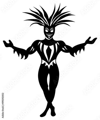 Silhouette of a Masked Samba Dancer with Feathered Headdress at Rio Carnival