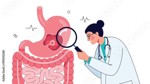 Female doctor examines a human stomach illustration through a magnifying glass to detect health issues or tumors for medical diagnosis purposes.