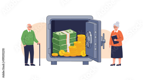 Senior couple stands proudly next to a large open safe filled with stacks of cash and gold coins representing retirement savings and wealth.