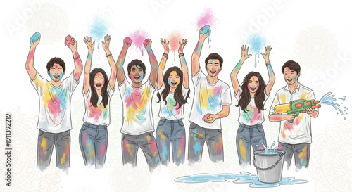 Diverse group of young friends celebrating Holi festival with colored powder and water guns joyful outdoor activity vibrant cultural eve