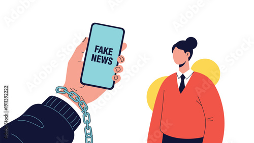 Person is chained to a smartphone displaying fake news while a woman looks on representing the negative impact of digital misinformation and media.