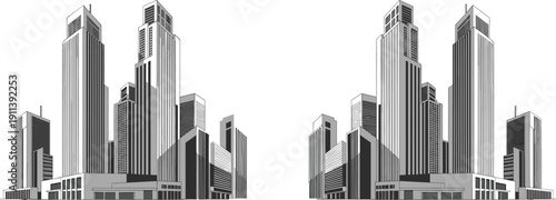 Modern city skyline skyscrapers urban architecture buildings downtown business district vector illustration monochrome cityscape design isolated contemporary metropolis concept