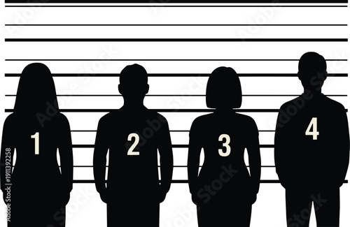 Police lineup silhouettes with height chart suspects identification mugshot lineup vector illustration criminal investigation concept isolated black figures design