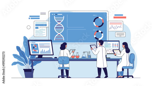 Laboratory scientists perform genetic research and data analysis in a modern facility equipped with DNA models and advanced digital interfaces.