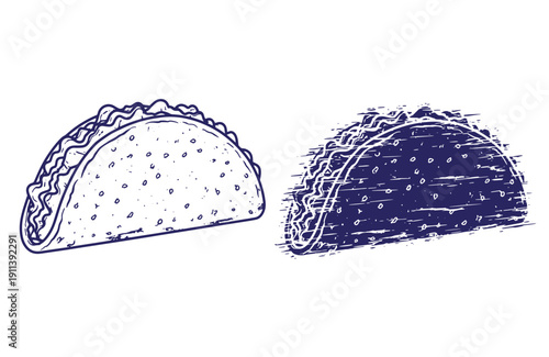 Grunge texture Two tacos one with visible filling and one without on white background Vintage Style