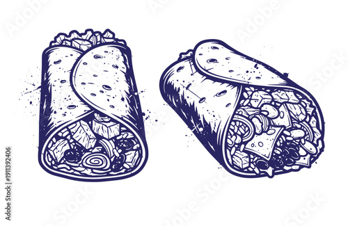 Grunge texture Two wrapped burritos with various fillings including meat vegetables and cheese on white background Vintage Style