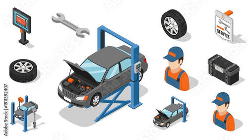 Isometric auto repair shop with mechanics and tools