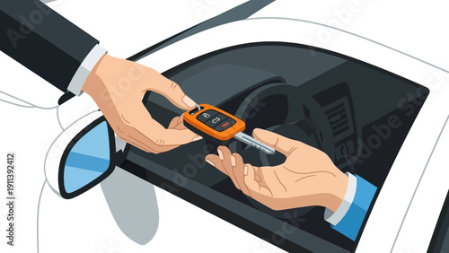 Car key exchange between hands against a vehicle background