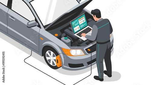 Isometric mechanic diagnosing car engine with laptop for maintenance analysis