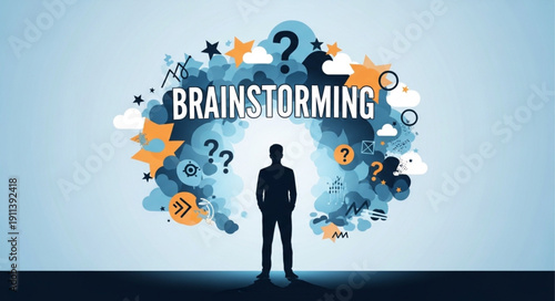 Man standing in front of a cloud of ideas and questions.