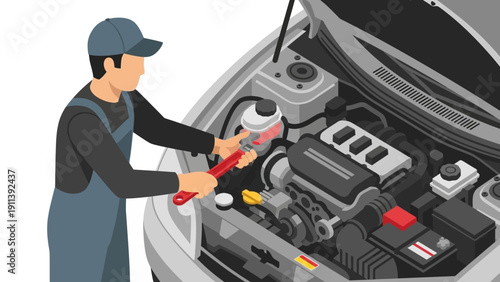 Mechanic fixing car engine with wrench in isometric style