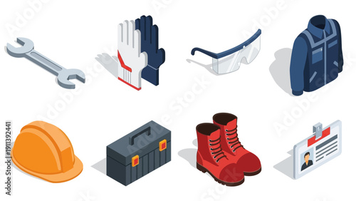 Isometric safety equipment icons: tools, clothing, and gear for workplace protection