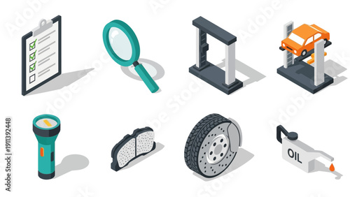 Isometric car maintenance icons: tools, equipment, and essentials for automotive services